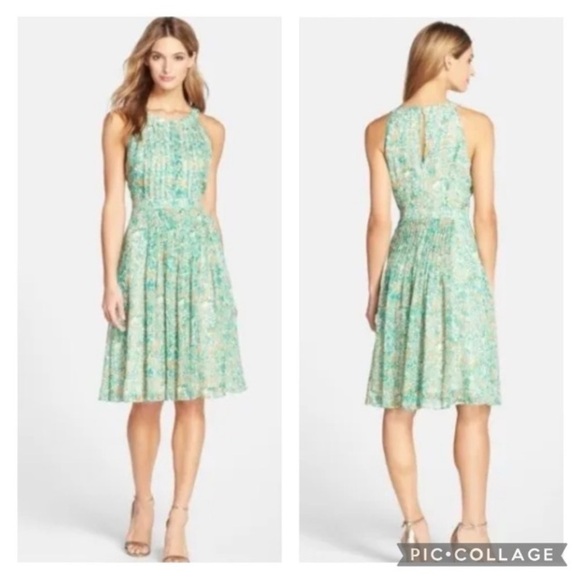Adrianna Papell Dress 10 Floral Leaf Chiffon Pleated Fit & Flare Midi Feminine - Picture 1 of 16